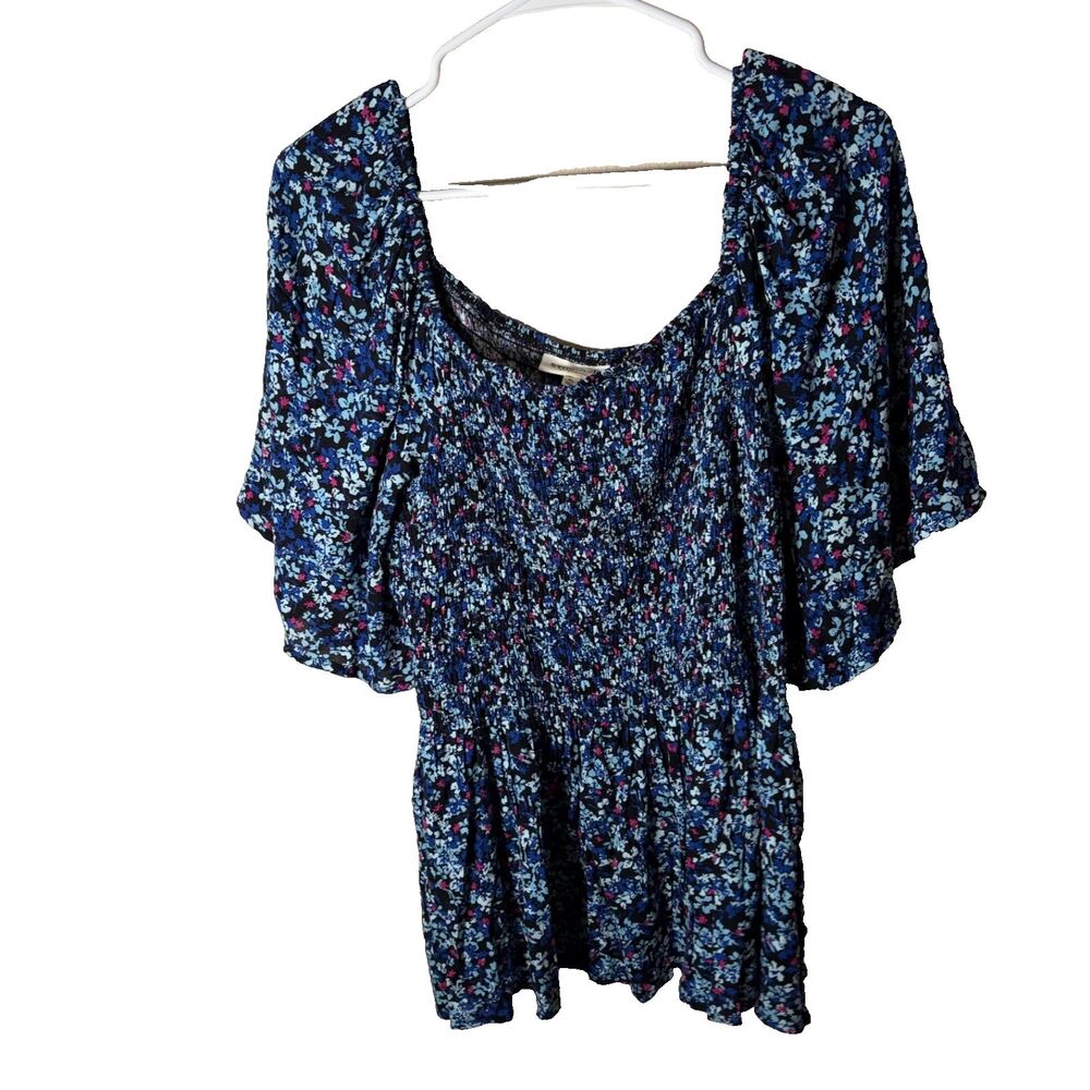 Studio B Blouse Women's XL Blue Printed Short Sleeve Scoop Neck Casual Top